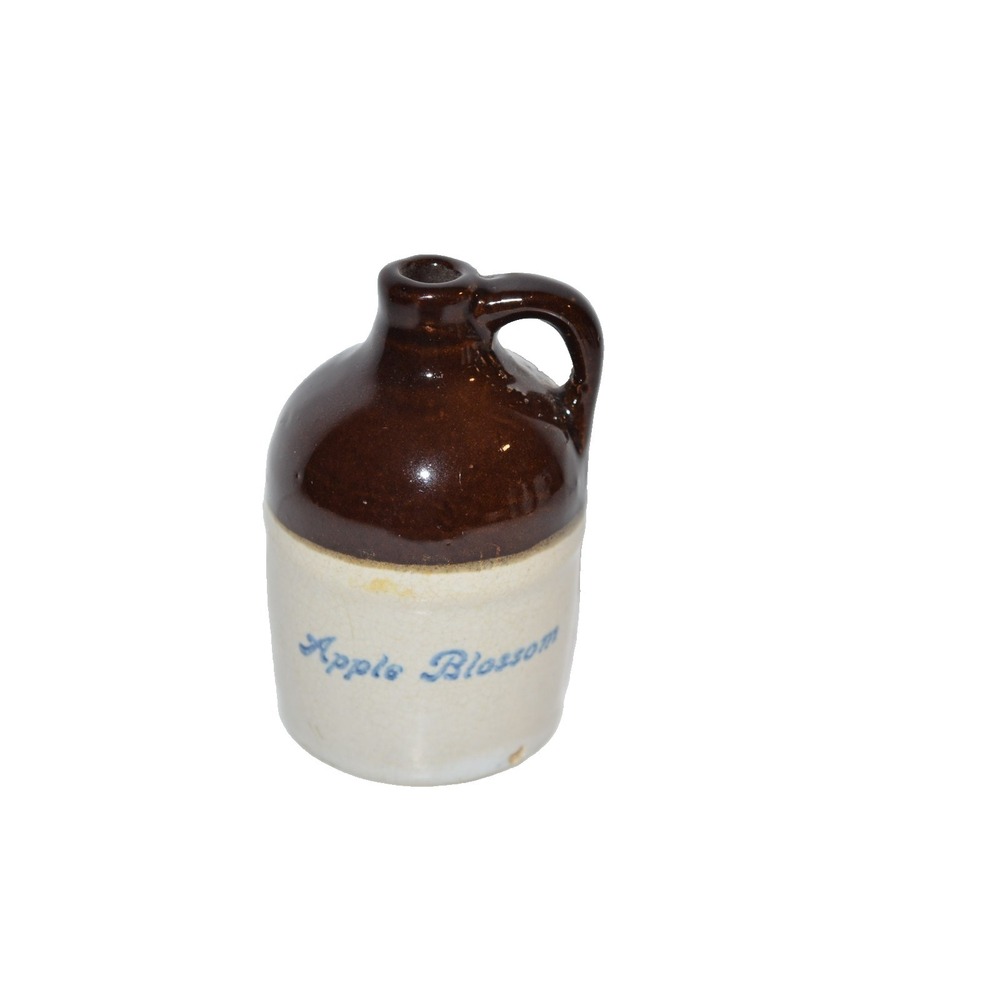 Vtg 3" Mini Stoneware Whiskey Jug Apple Blossom Crock style with handle